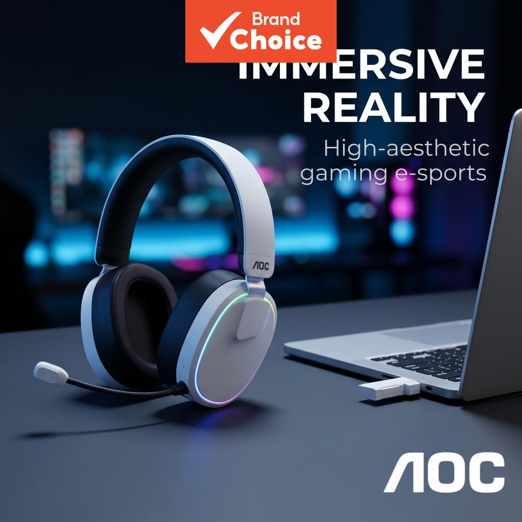 AOC Fones De Ouvido Brancos Sem Fio Som Dinâmico RGB Iluminação Cancelamento De Ruído Com Microfone De Couro Proteico 2.