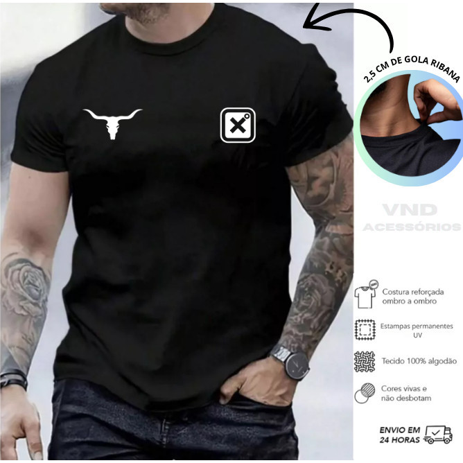 Camiseta Masculina T.X e Bufalo Camisa Estampada 100% algodão Malha 30.1 T-Shirt Rodeio Country