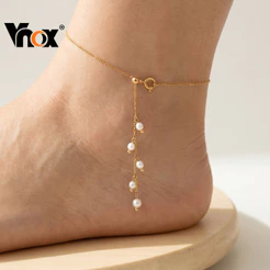 Tornozeleira Vnox Beach Vacation À Prova D'água Com Pérolas E Borla , Corrente De Pé De Verão Em Aço Inoxidável Dourado