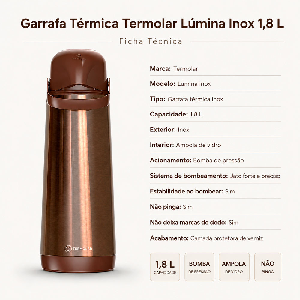 Garrafa de Café em Inox Marrom Café da Tarde Termolar 1,8 Litro para Bebida Quente Água Chá Café