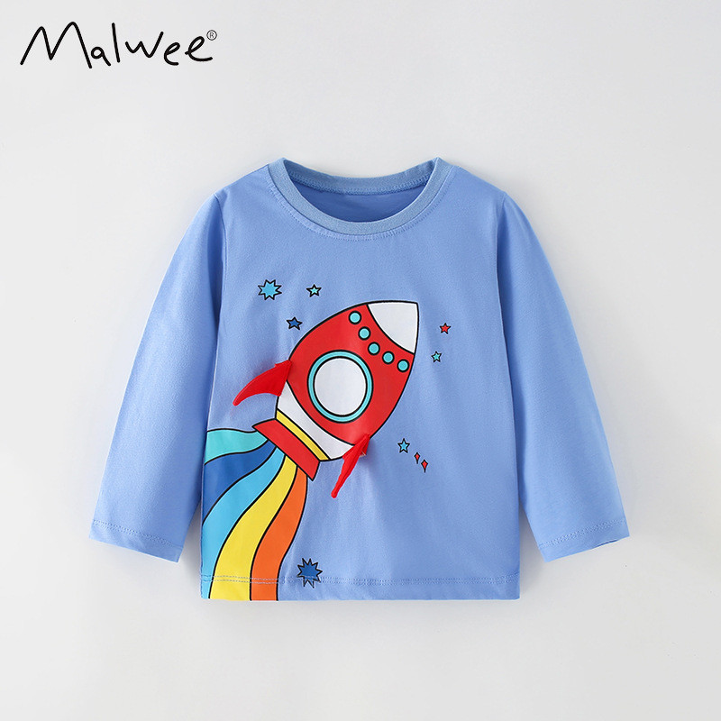 Malwee primavera outono meninos camiseta de manga comprida dos desenhos animados foguete impresso topo crianças bebê pur