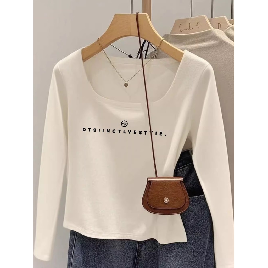 Camiseta feminina estampada de manga comprida, primavera outono, Design curto, Slim Fit, ombro frontal, gola em u, algod