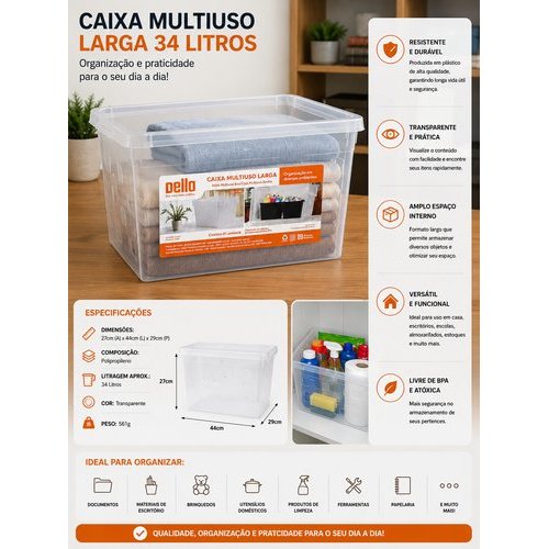 Caixa Organizadora Multiuso Plastica 34 Litros Transparente Resistente Versatil Armazenamento