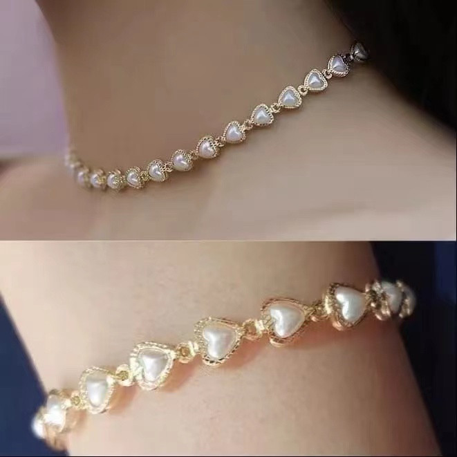 Kit Colar+Pulseira de pérolas de coração delicado choker folheado a ouro 18K prata 925