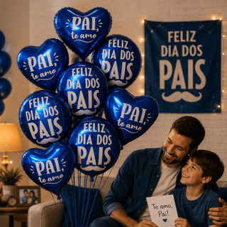 KIT Balões Metalizados Coração Azul 25cm Dia dos Pais Pai Te Amo Meu Herói Decoração Festa