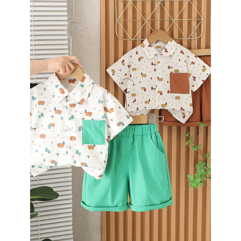 Crianças verão impressão completa dos desenhos animados camisa de manga curta terno 2026 novo estilo meninos Casual esti