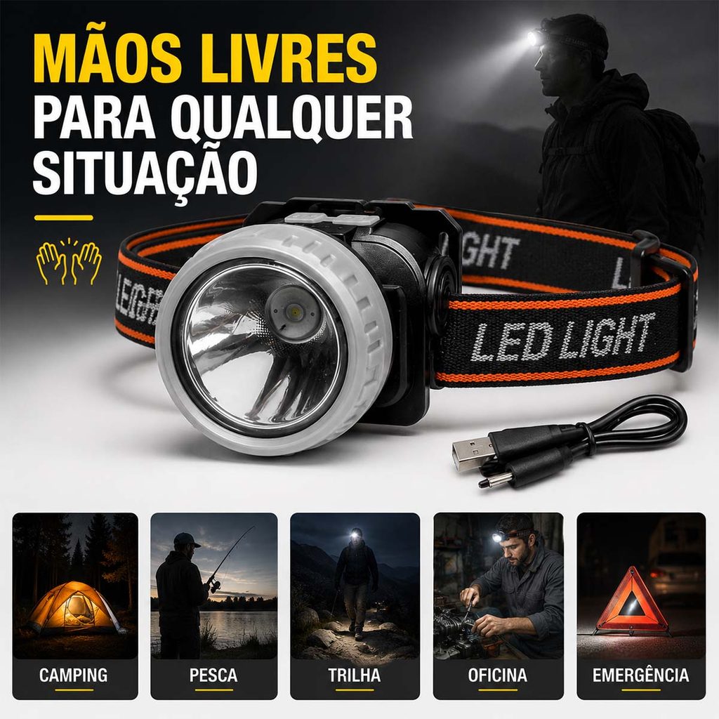 Lanterna de Cabeça LED Recarregável USB Braswei BW6473 com Estojo