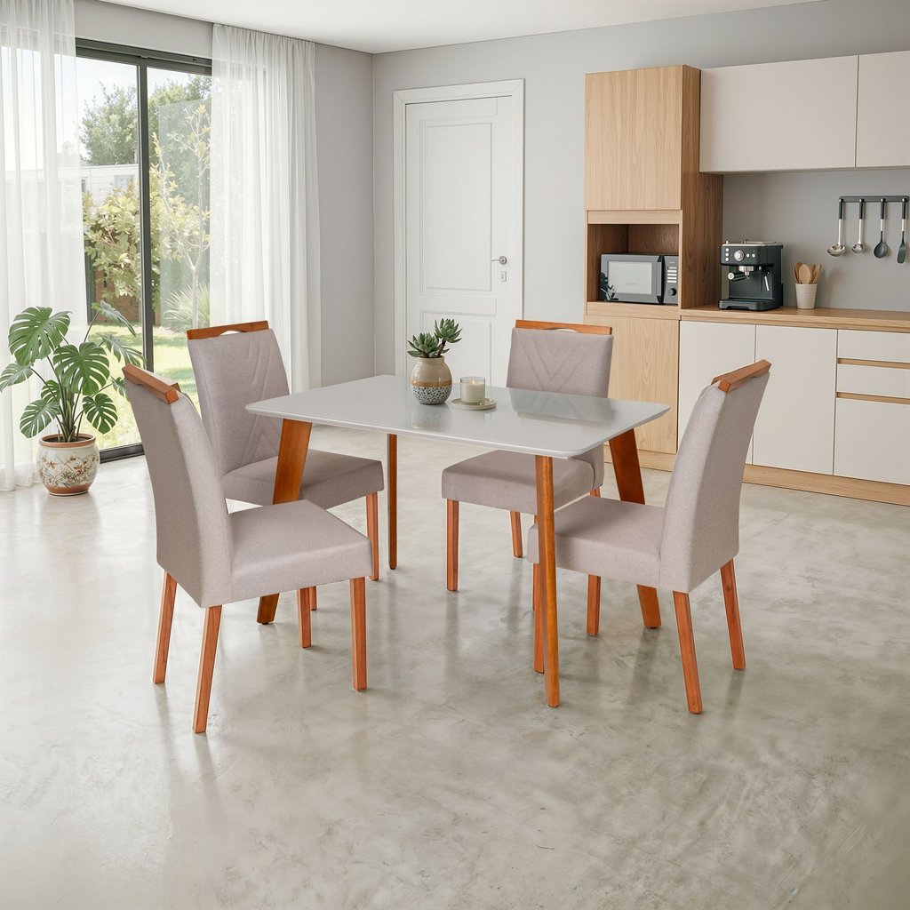 Conjunto Mesa Verona com 4 Cadeiras Madeira Maciça, Estofada e Bordada Liz Espresso Móveis Cinza/Cha