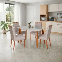 Conjunto Mesa Verona com 4 Cadeiras Madeira Maciça, Estofada e Bordada Liz Espresso Móveis Cinza/Cha