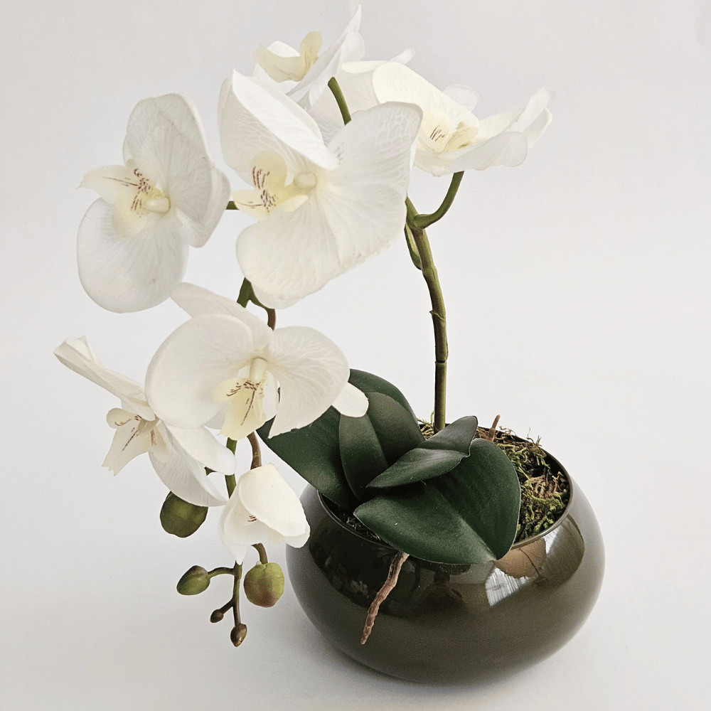 Arranjo de Orquídea Artificial 3D Toque Real Planta Decorativa com Vaso Marrom