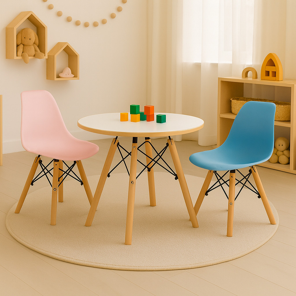 Conjunto Mesa Eames Infantil 60cm com 2 Cadeiras para Brinquedoteca e Quarto Infantil