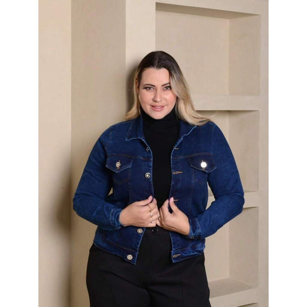 jaqueta Jeans Feminina plus size Com Elastano manga longa outono inverno