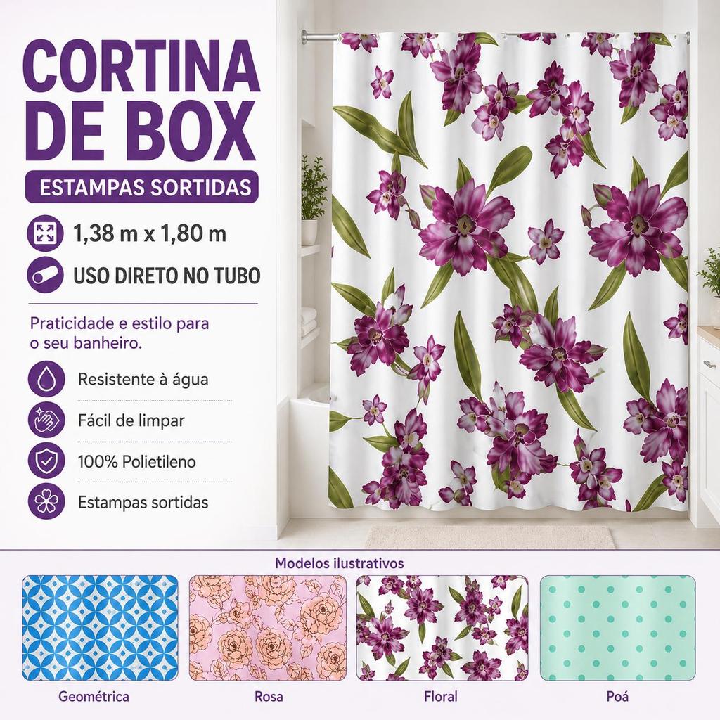 Cortina De Box Banheiro Anti-Mofo Impermeável Resistente 1,38x1,80m Estampas Sortidas Prática e Higiênica