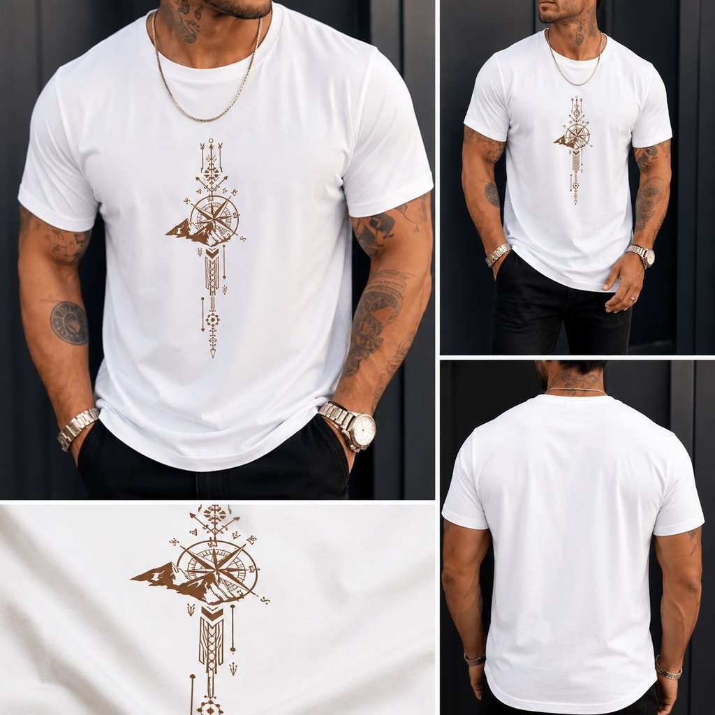 Camiseta Masculina T-Shirt 100% Algodão camisa Estampada Bussola Minimalista  Streetwear tendencia moda