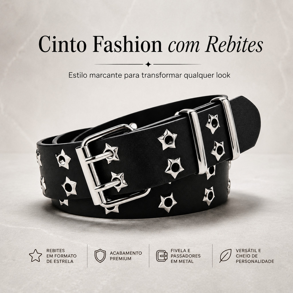 Cinto Feminino Fashion com Rebites em Estrela | Ajustável | Fivela Dupla Metálica | Casual e Social