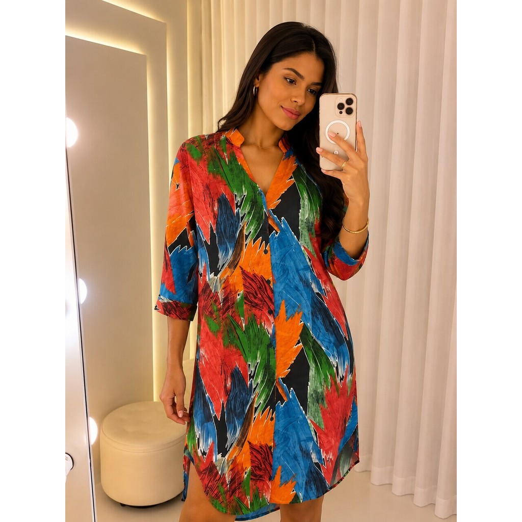 Vestido Chemise Feminino Estampado Manga 3/4 Casual Inverno-GE00290