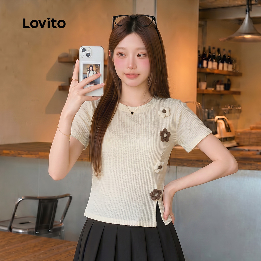 Lovito Casual Camiseta Com Pregas De Flores Lisas Para Mulheres LNA66479 (Multicolorido)