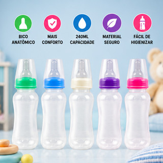 Mamadeira para Bebê 240ml Lisa Menino Menina Bico Anatômico Redondo Rosa Azul Verde Roxo Branca Transparente