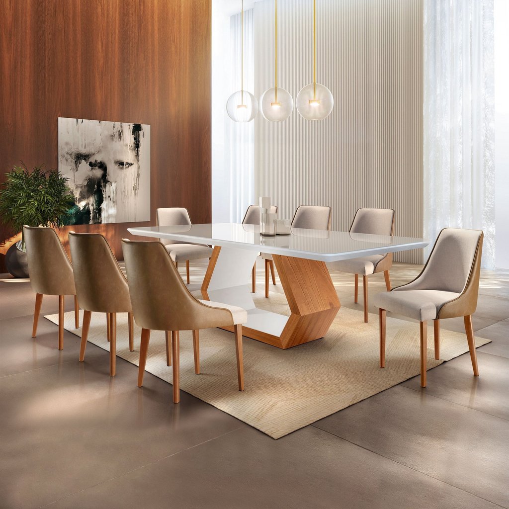 Conjunto Sala de Jantar Mesa Madeira Maciça Sarah e 8 Cadeiras Roma Mobilare Marrom/Caramelo/Cinamom Caramelo/Cinamomo
