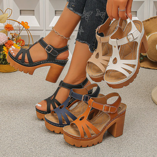 Sandálias femininas de salto alto grosso, tamanho grande, moda europeia, estilo americano, sola grossa, sandálias femini