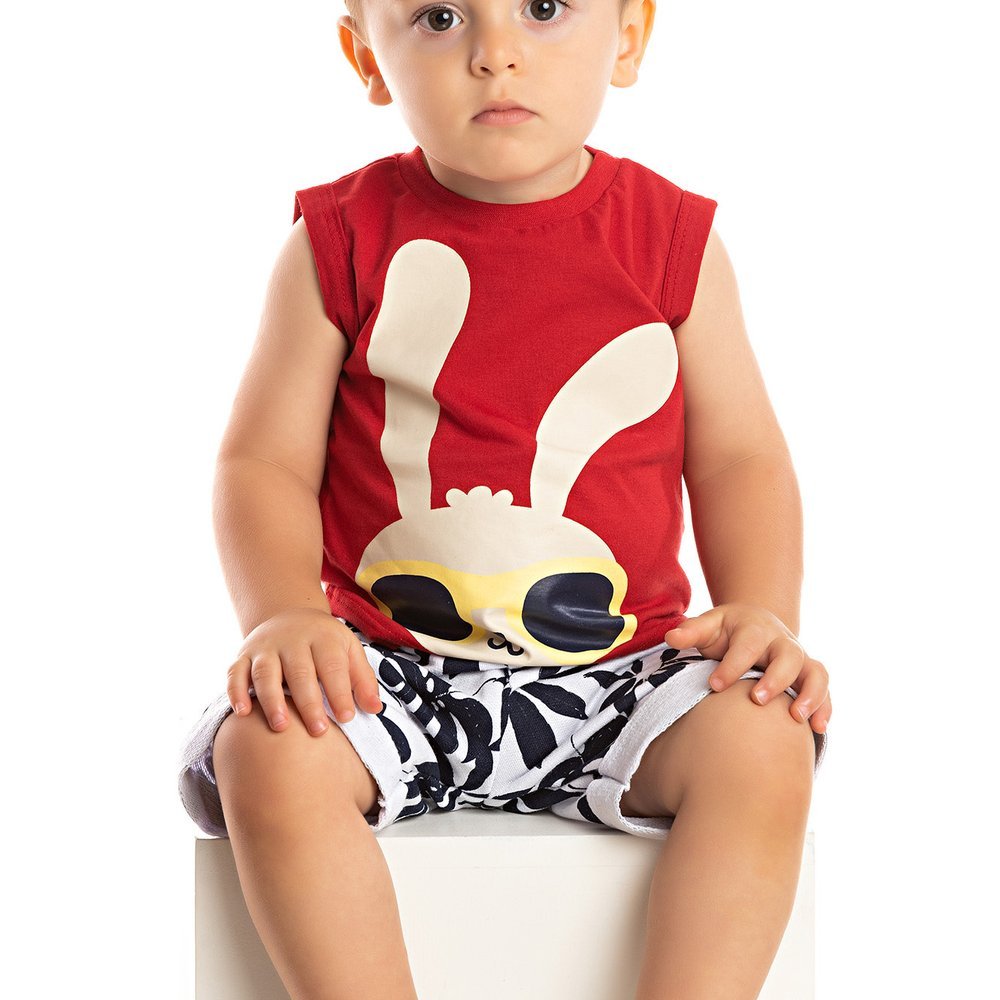 Conjunto Bebê Infantil Blusa Camiseta Regata Vermelho Coelhinho Bermuda Estampada