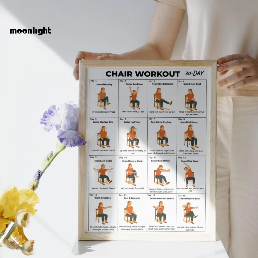 2 Pcs Tai Chi Chair Exercise Posters for Seniors Beginners 10x8 Inch Frameless Fitness Schedule with Gentle Seated Poses