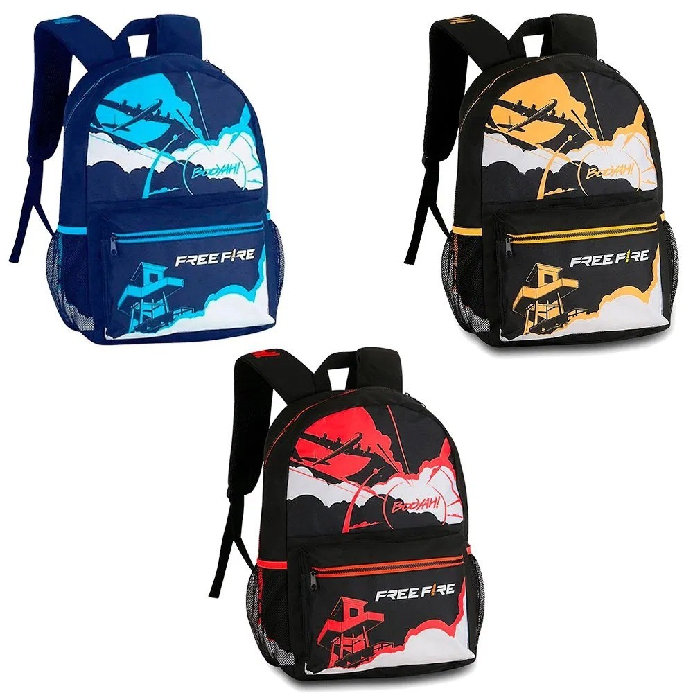 Mochila de Costas Free Fire 17,5” UP FR2487 Infantil/Juvenil – Vermelha, Azul e Amarela