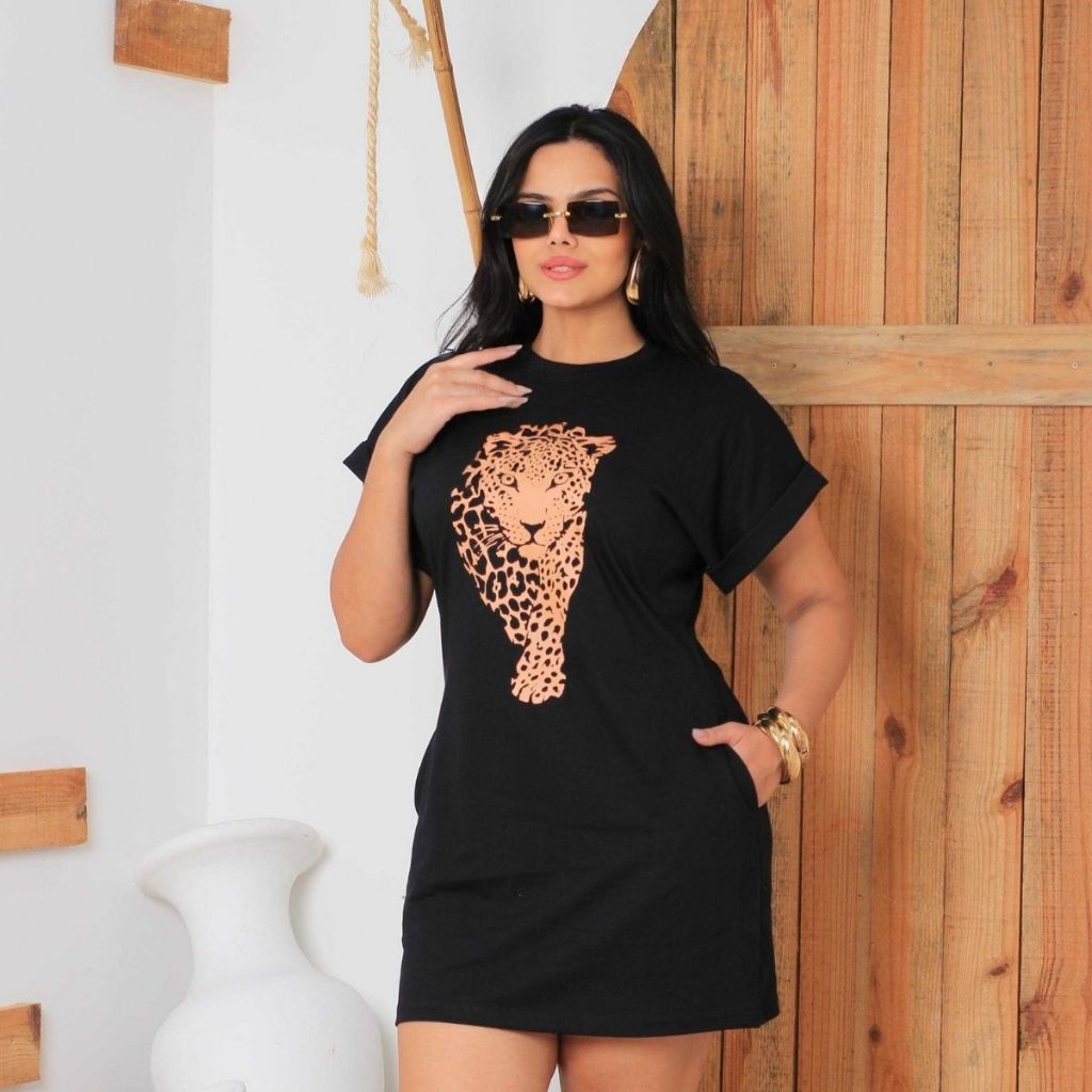 Vestido- Feminino -Estampado -Camisetão -Confortável -Curto T-Shirt-Manga- Curta- Com -Bolso- Lateral -Casual Leve Verão