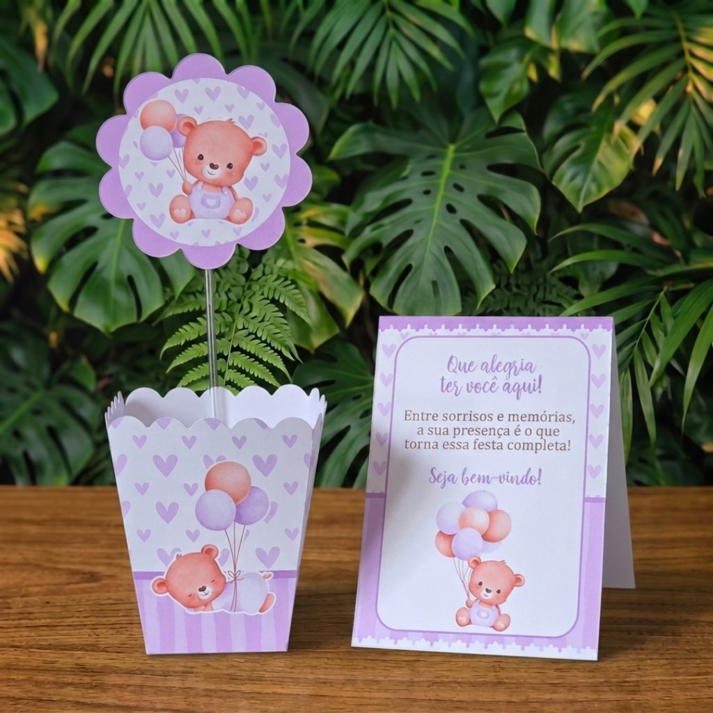 Centros de mesa + Plaquinhas URSINHA LILÁS chá de bebê fraldas lembrancinhas personalizadas infantil decoração kit festa