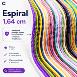 Organizador Espiral de Cabo 1,64m para USB Carregador e Fones