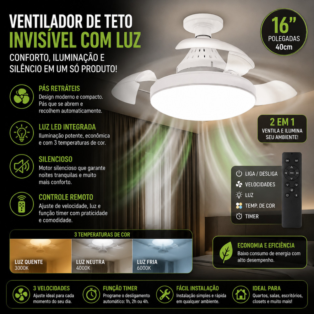 Ventilador De Teto Invisível Com Luz LED Controle Remoto 16 Pol Silencioso Pás Retráteis 40cm