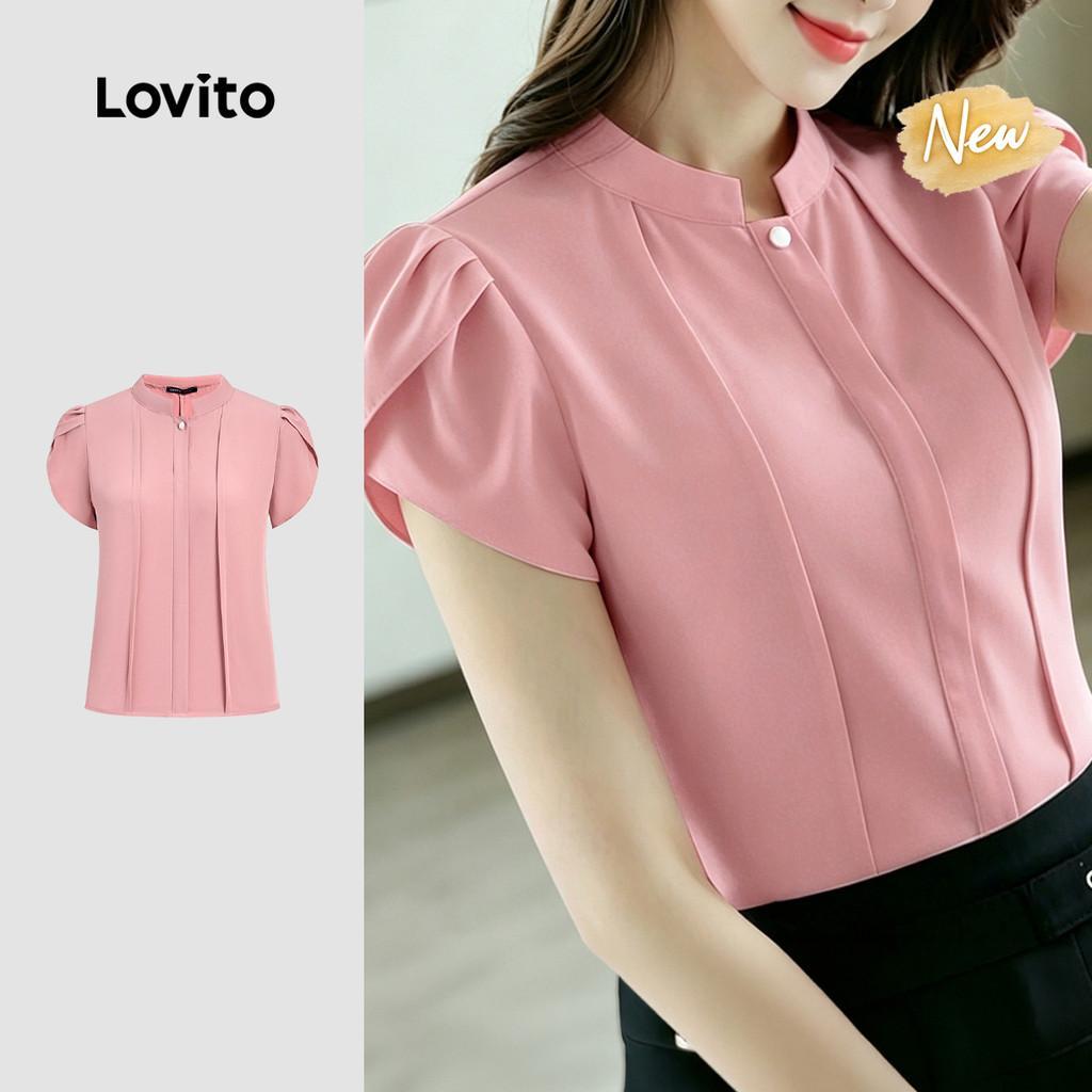 (New Arrival) Lovito Blusa Elegante Plissada Botão Simples Primavera/verão Rosa
