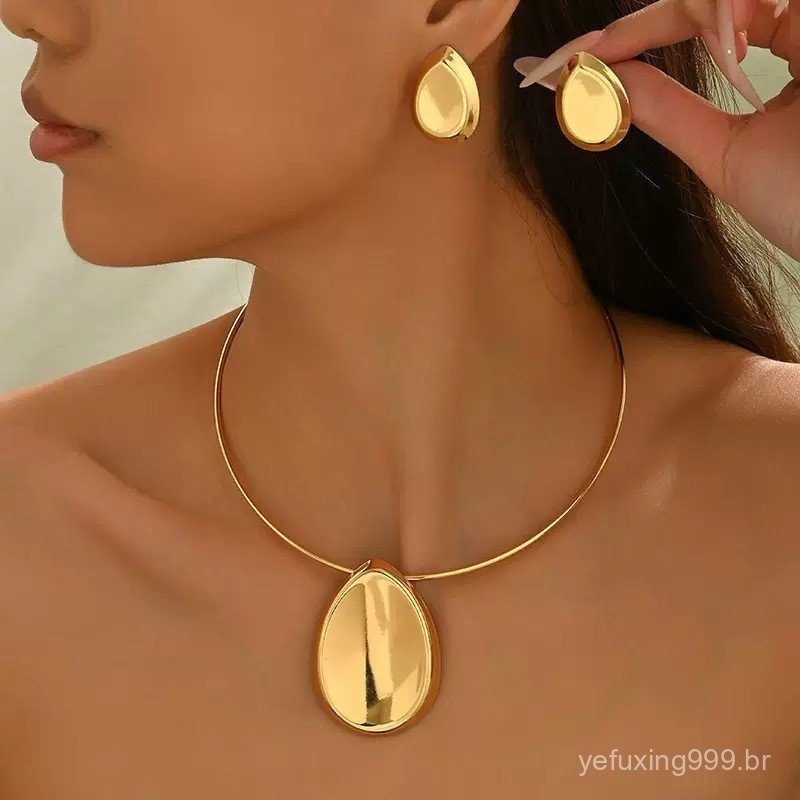Kit Feminino Colar Choker Gargantilha e Brincos Coração Gota Oval banhado Ouro 18K e Prata925