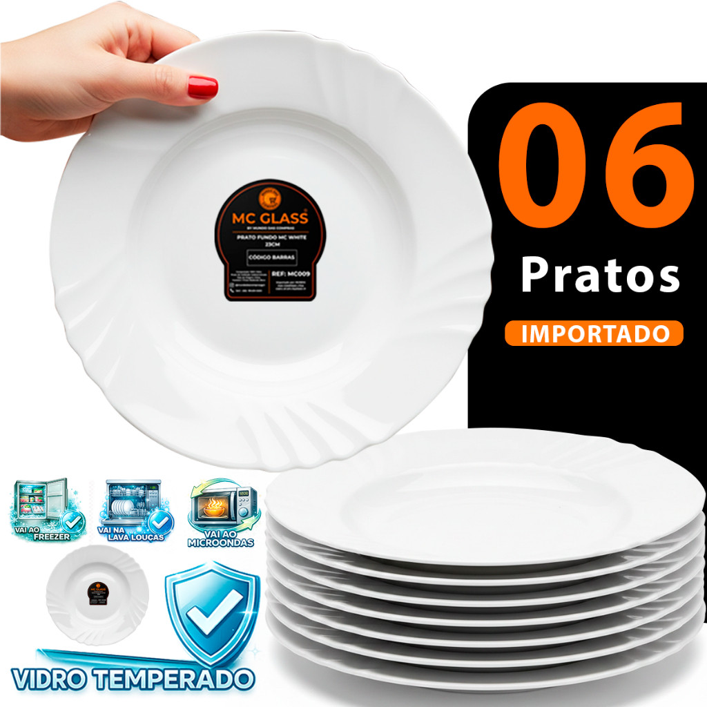 Jogo 6 Pratos Fundos 23cm Vidro Opaline Branco Trabalhado White para Almoço Jantar Hotel Restaurante