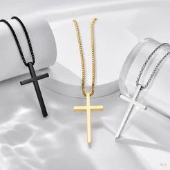Colar Masculino com Pingente Cruz Minimalista 60cm em Aço Inoxidável Preto Dourado ou Prata
