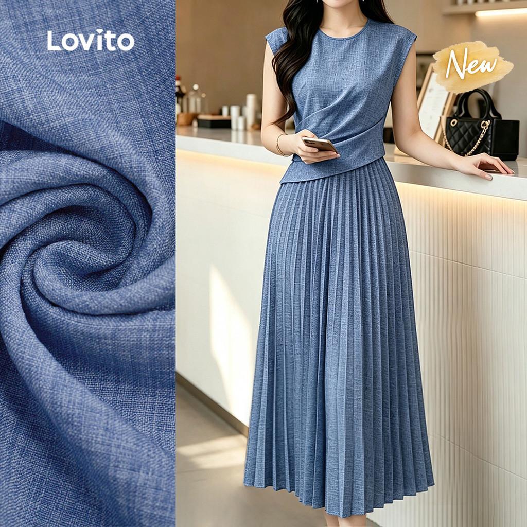 (New Arrival) Lovito Vestido Elegante com Drapeado e Textura Cómodo e Estiloso A