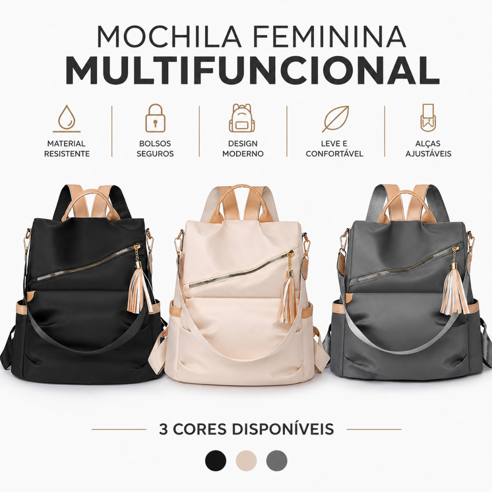 Mochila Bolsa Grande Capacidade, Nylon Leve Impermeável, com Bolso Antifurto, Porta A4, Casual Elegante para Dia a Dia