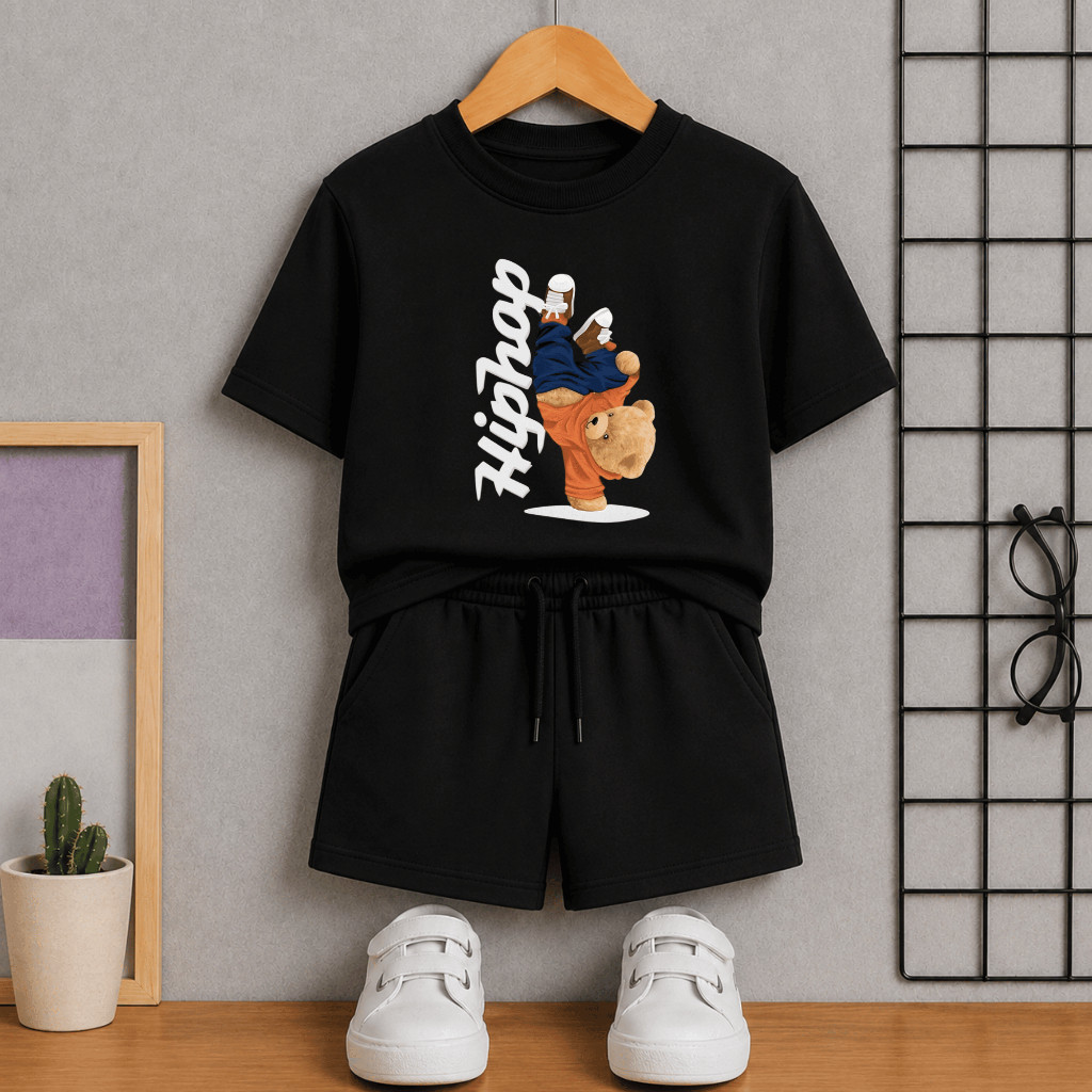 Conjunto Infantil Estiloso Masculino Algodão Macio Hiphop Confortavél 2 ao 16 Camiseta + Bermuda