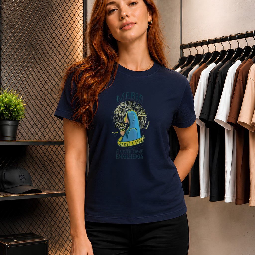 Camiseta Feminina 100% Algodão Estampa Santa e Fiel Maria Gola Redonda Fio 30.1 Básica Religiosa Cristã Confortável