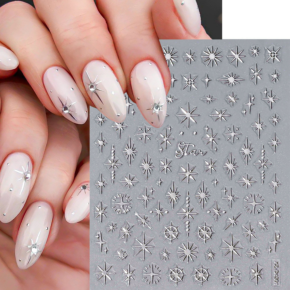 Estrela lua auto-brilhante prego beleza prata espelho prego estrela lua adesivo beleza pegajosa decoração de unhas