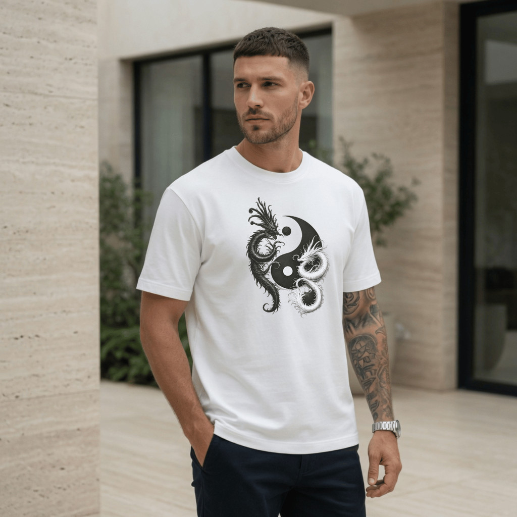 Camiseta Masculina Estampada Yin Yang Dragon 100% Algodão Premium Camisa Blusa Homem Academia Confortavel Plus Size