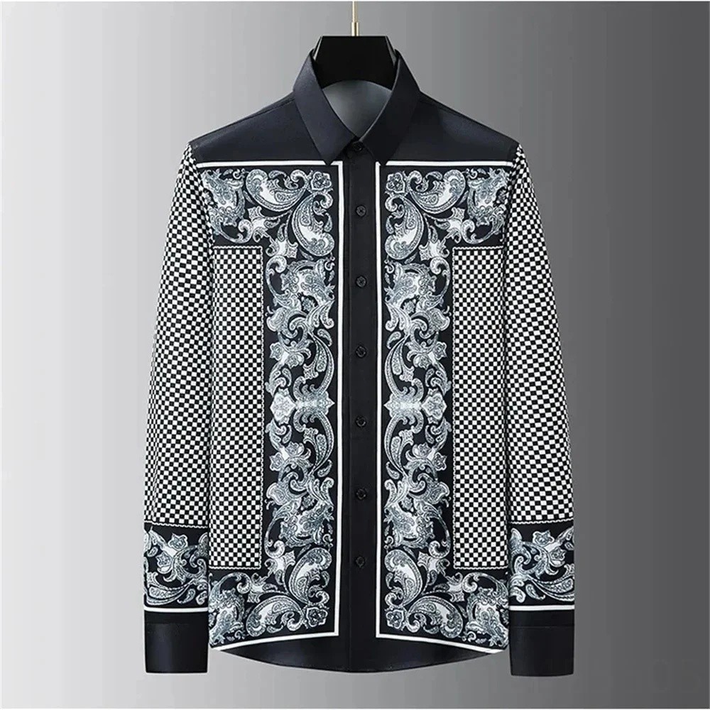 Camisa Masculina Luxuosa Estampada De Manga Comprida-Estilo casual Elegante-design Retrô Simples-Roupas Masculinas medie