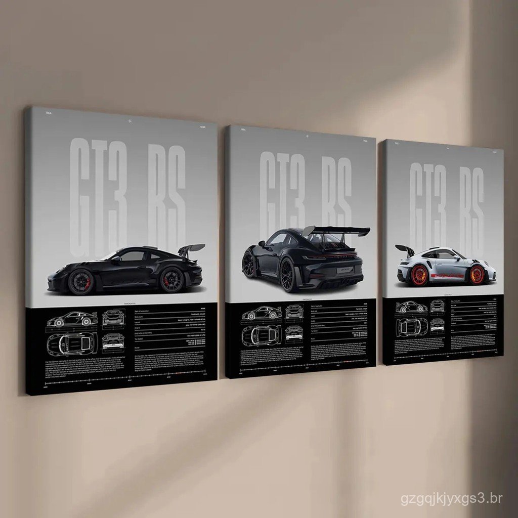 3 telas emolduradas em madeira, pôsteres da série Porsche GT3R, pôsteres requintados e elegantes, arte moderna, design a