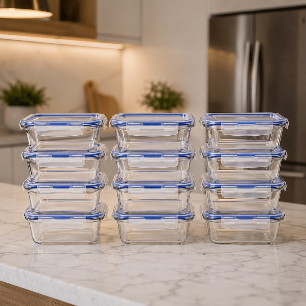 KIT 12 UNIDADES POTE DE VIDRO BOROSILICATO RETANGULAR C TAMPA HERMETICA 640 ML