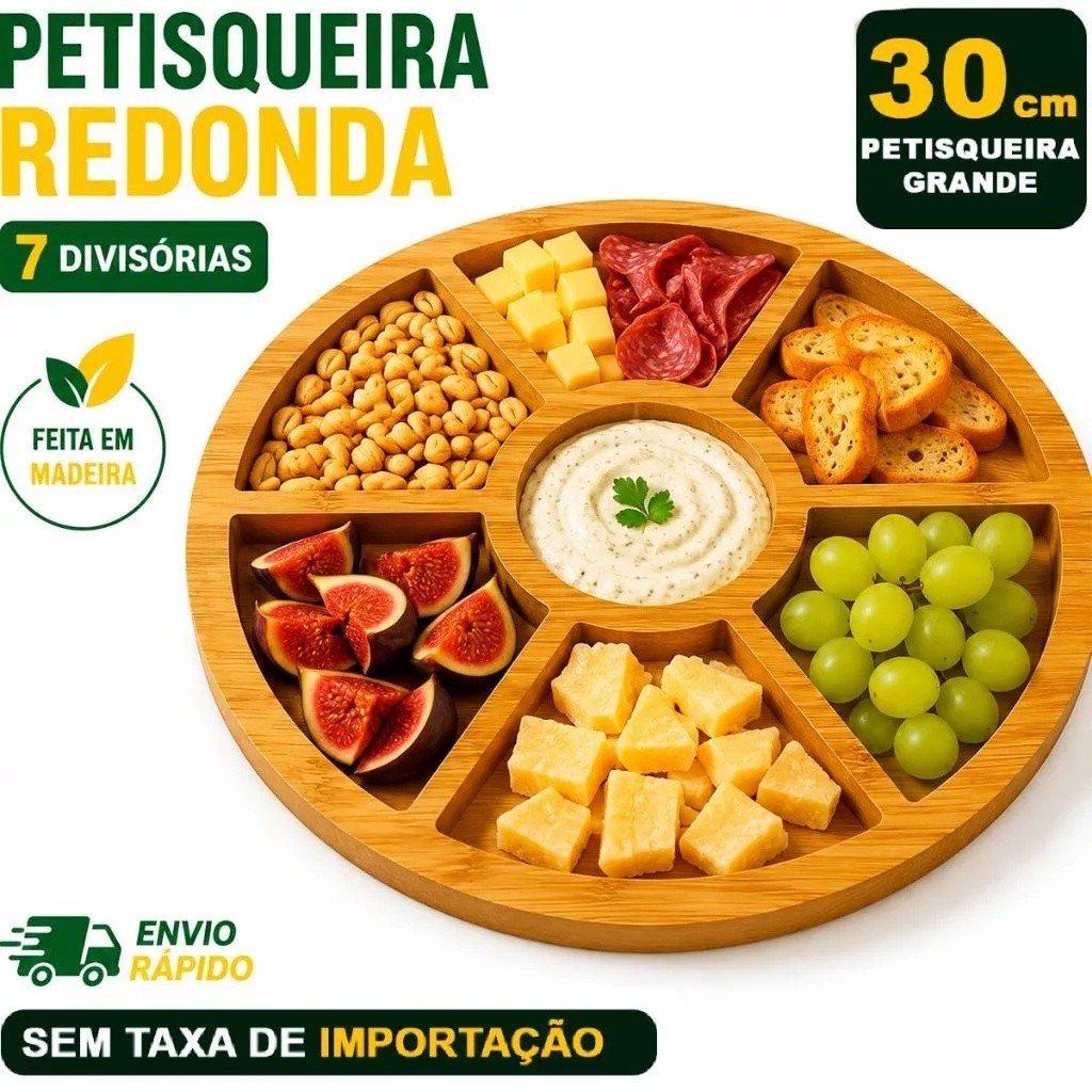 Tabua Petisqueira Redonda Madeira Divisoria 30cm p/ Frios e Queijo para Petisco e Churrasco