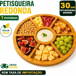 Tabua Petisqueira Redonda Madeira Divisoria 30cm p/ Frios e Queijo para Petisco e Churrasco