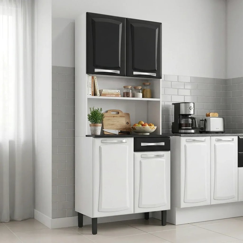 Armário de Cozinha em Aço com Bancada 4 Portas 1 Gaveta 195 x 80cm Pratika Itatiaia Branco/Preto Branco/Preto