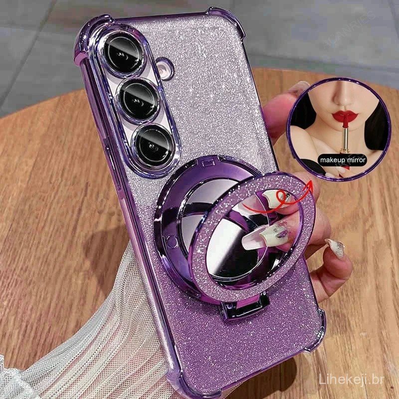 Para Samsung  A37 A57 A06 A16 A26 A36 A56 A15 A25 A35 A55 A14 A24 A34 A54 A53 A73 A23 A32  Suporte Espelho Glitter Case