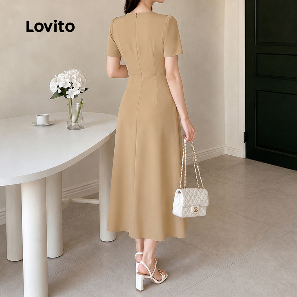 Lovito Vestido Elegante Comute Vestido Plissado Envelope Khaki Verão Primavera para mulheres DRB202P2D582 · foto 2