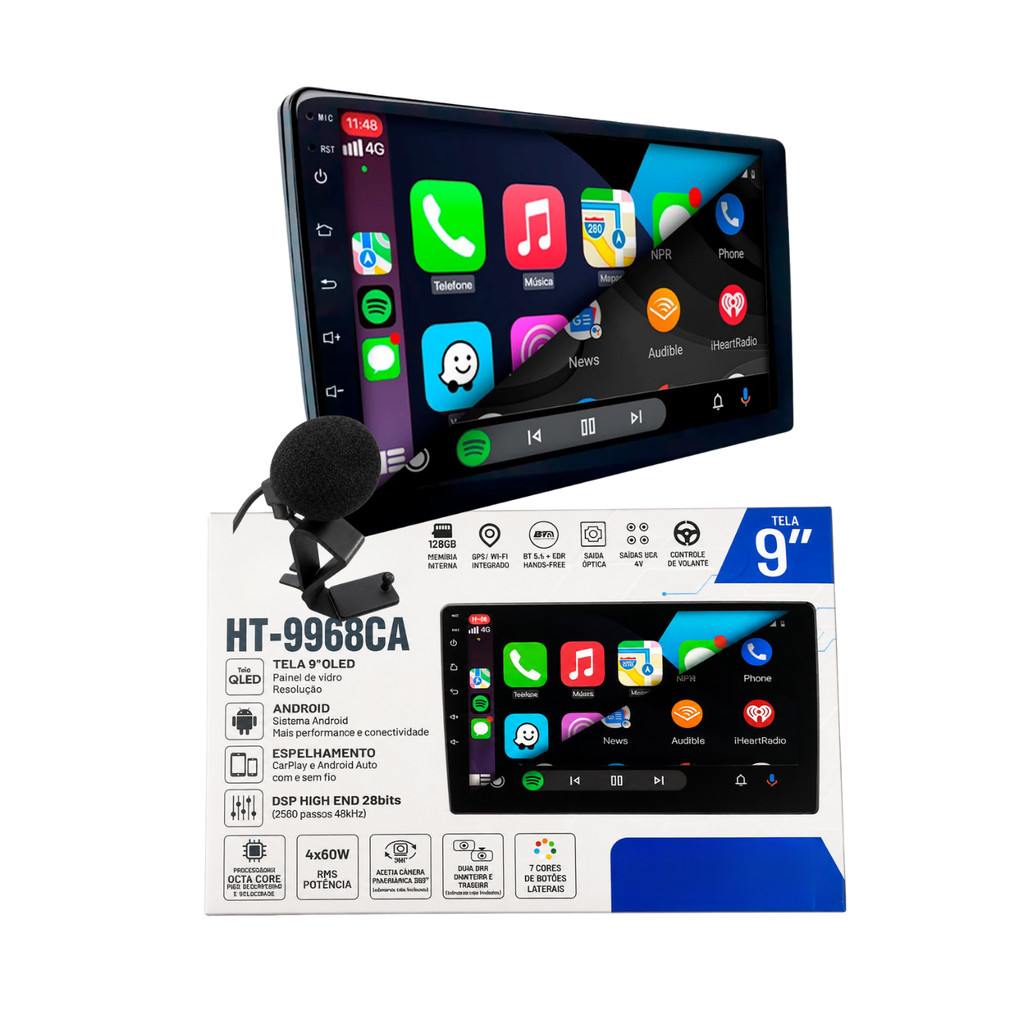 Central Multimídia Mp5 Android Octa-Core 9" Ht-9968ca Carplay QLED /6GB /128GB H-Tech